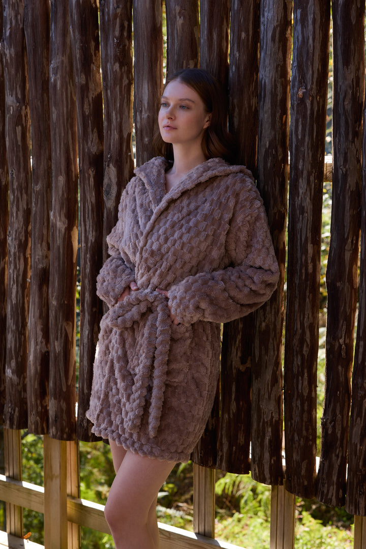 Taupe Textured Plush Short Robe with Belt – Ultra Soft Winter Warmth | 6028