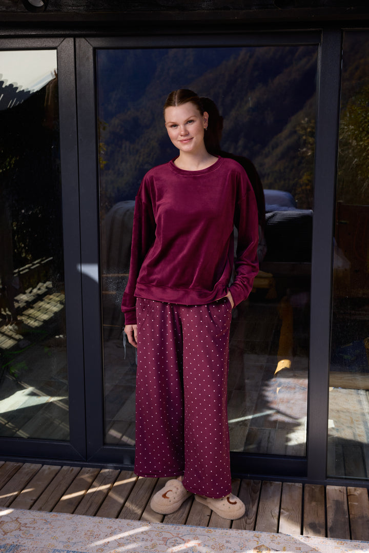 Deep Burgundy Velvet Pajama Set with Polka-Dot Pants | 6029