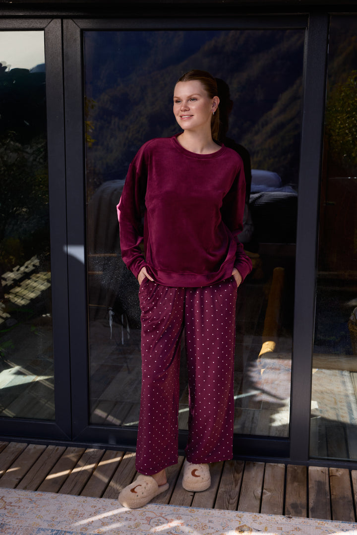 Deep Burgundy Velvet Pajama Set with Polka-Dot Pants | 6029