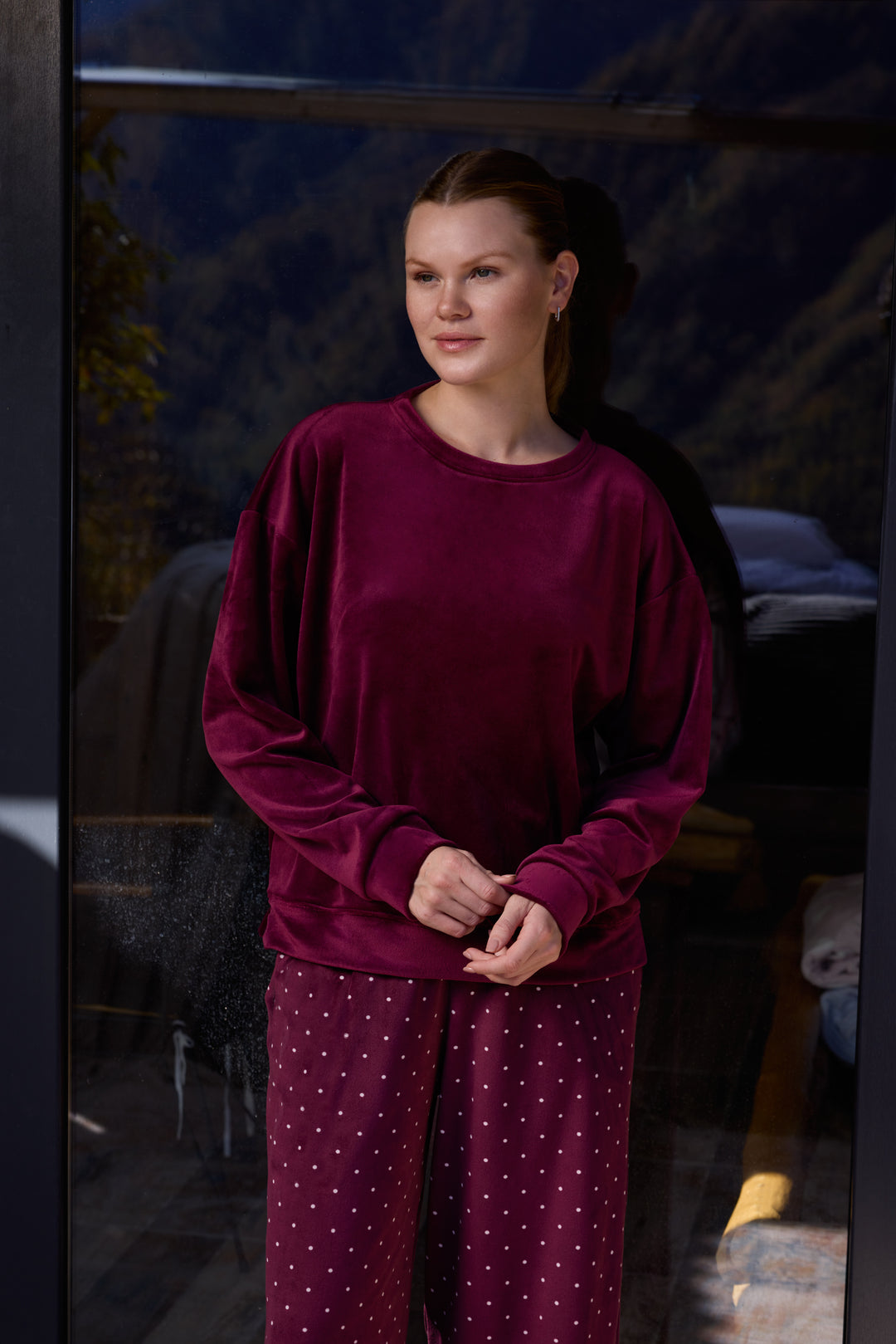Deep Burgundy Velvet Pajama Set with Polka-Dot Pants | 6029