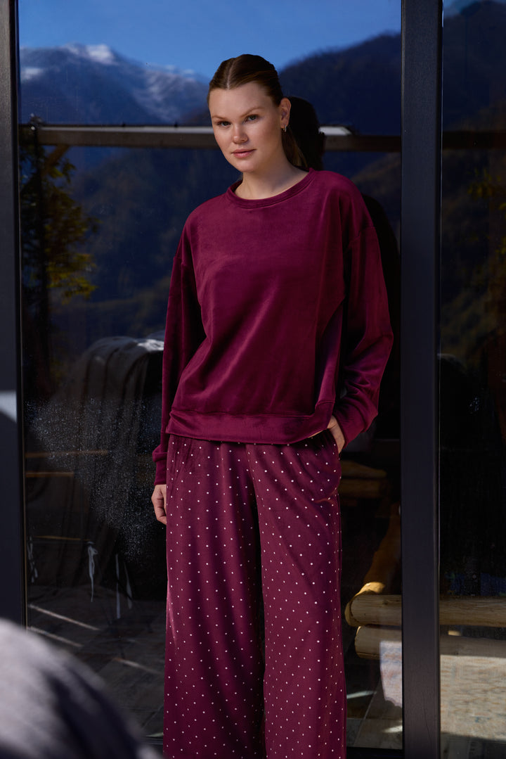 Deep Burgundy Velvet Pajama Set with Polka-Dot Pants | 6029