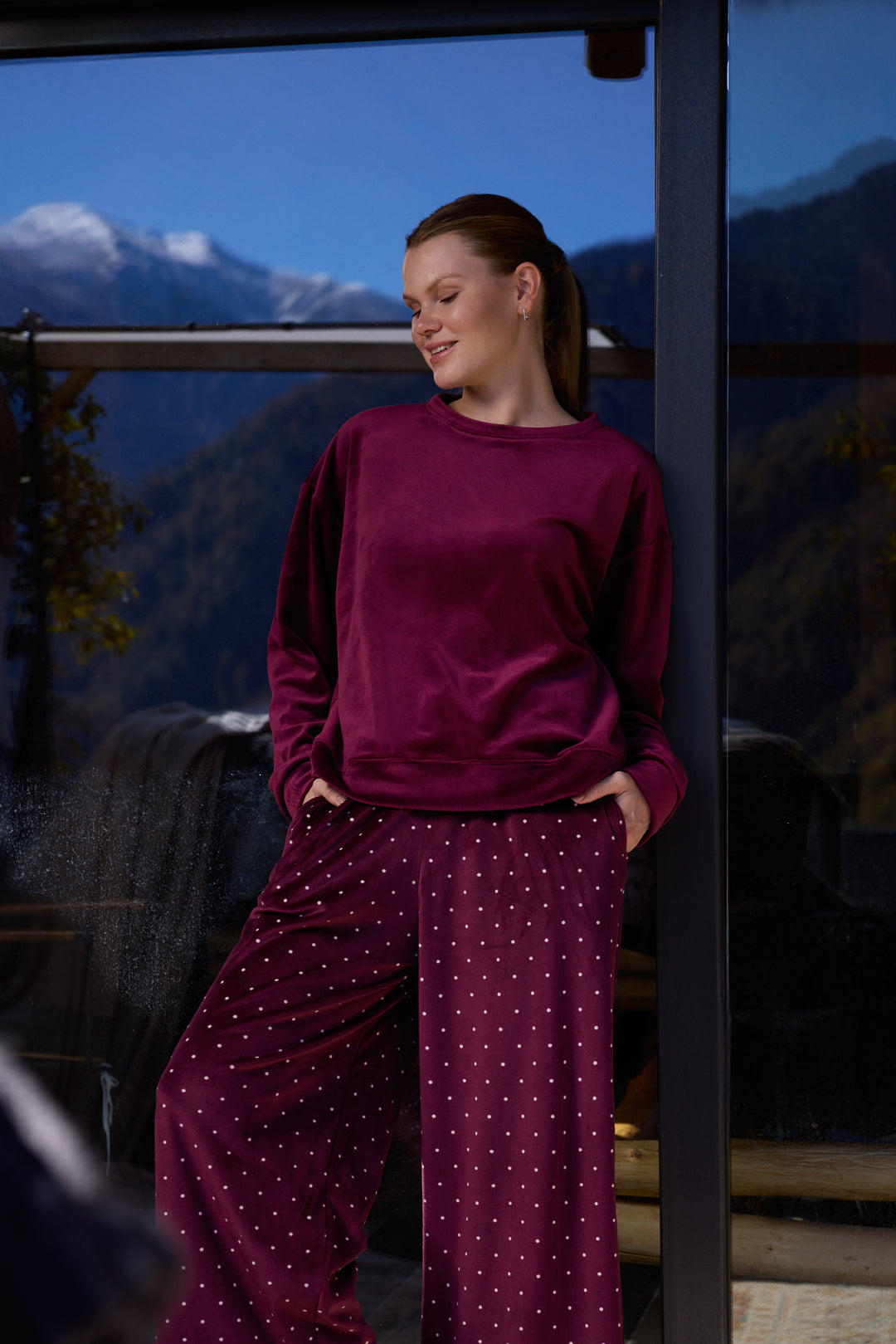 Deep Burgundy Velvet Pajama Set with Polka-Dot Pants | 6029
