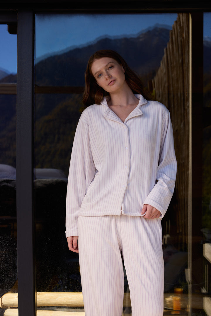 Blush Off-White Striped Button-Up Pajama Set – Soft Classic Comfort | 6030