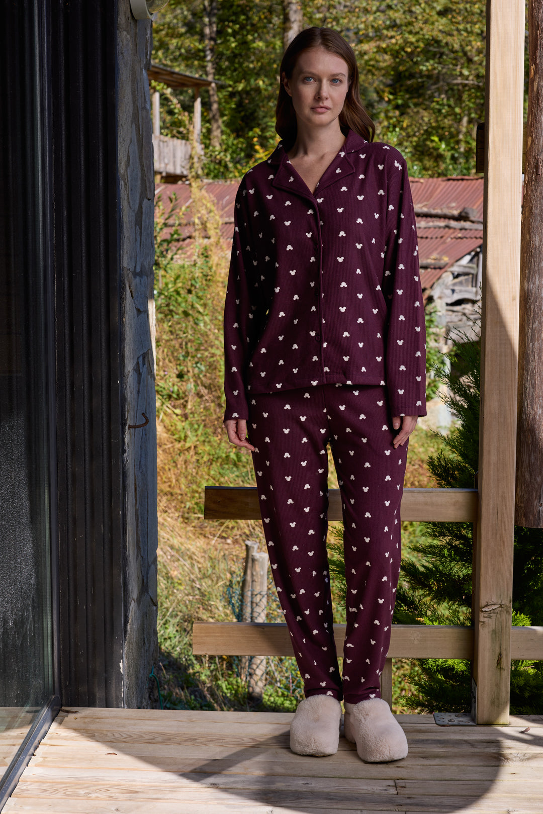 Deep Burgundy Mickey-Print Button-Up Pajama Set | 6032