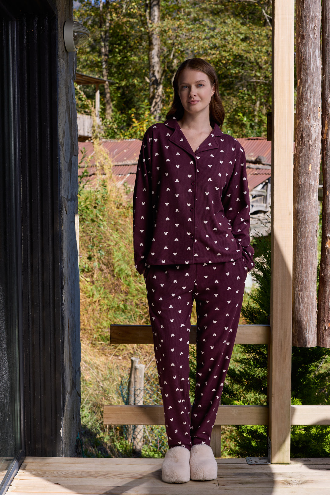 Deep Burgundy Mickey-Print Button-Up Pajama Set | 6032