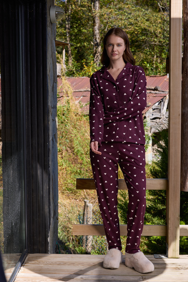 Deep Burgundy Mickey-Print Button-Up Pajama Set | 6032