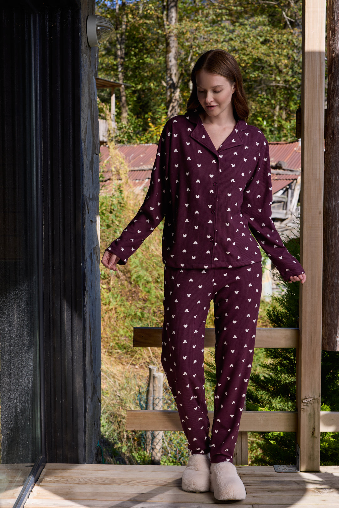 Deep Burgundy Mickey-Print Button-Up Pajama Set | 6032