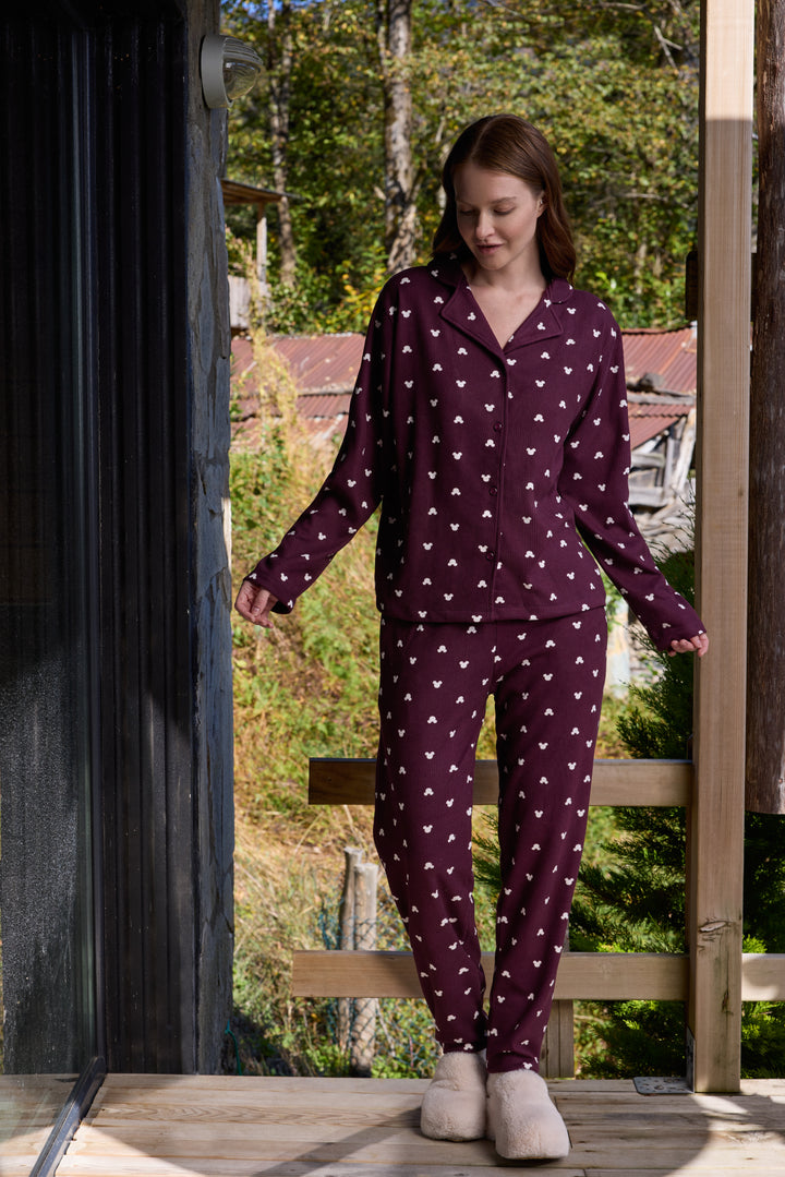Deep Burgundy Mickey-Print Button-Up Pajama Set | 6032
