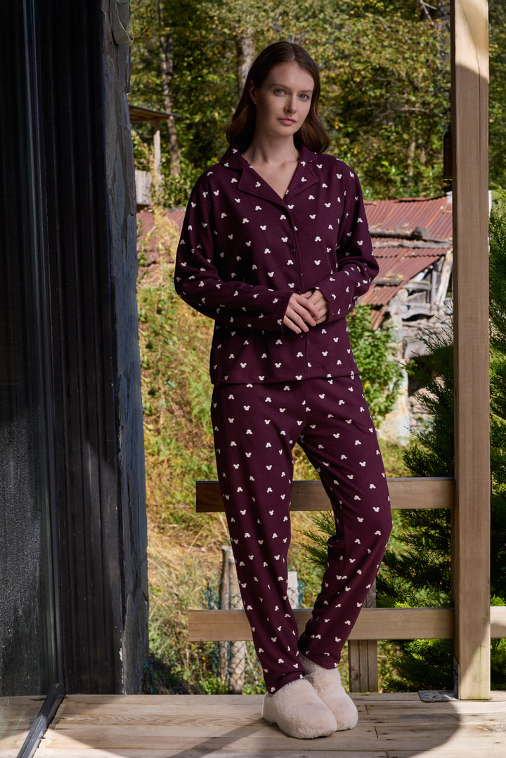 Deep Burgundy Mickey-Print Button-Up Pajama Set | 6032