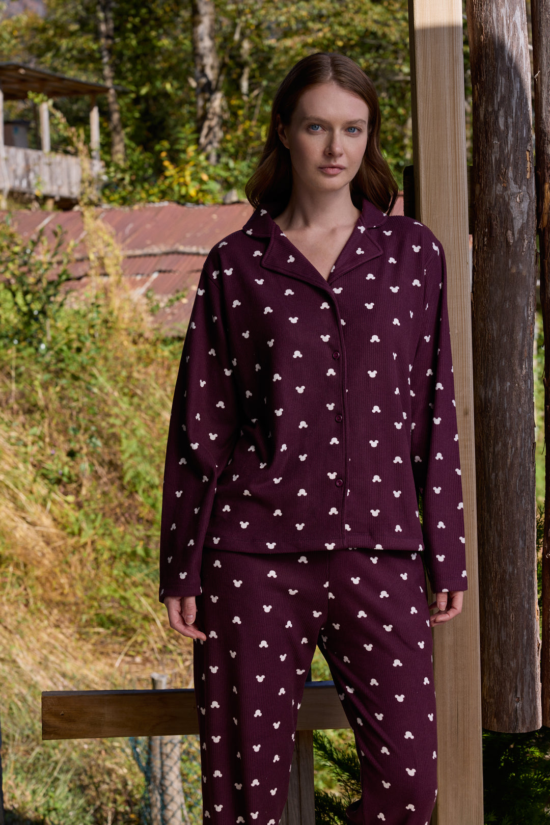 Deep Burgundy Mickey-Print Button-Up Pajama Set | 6032