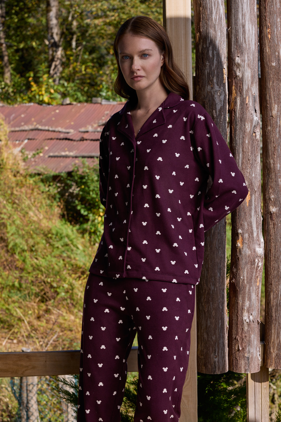 Deep Burgundy Mickey-Print Button-Up Pajama Set | 6032