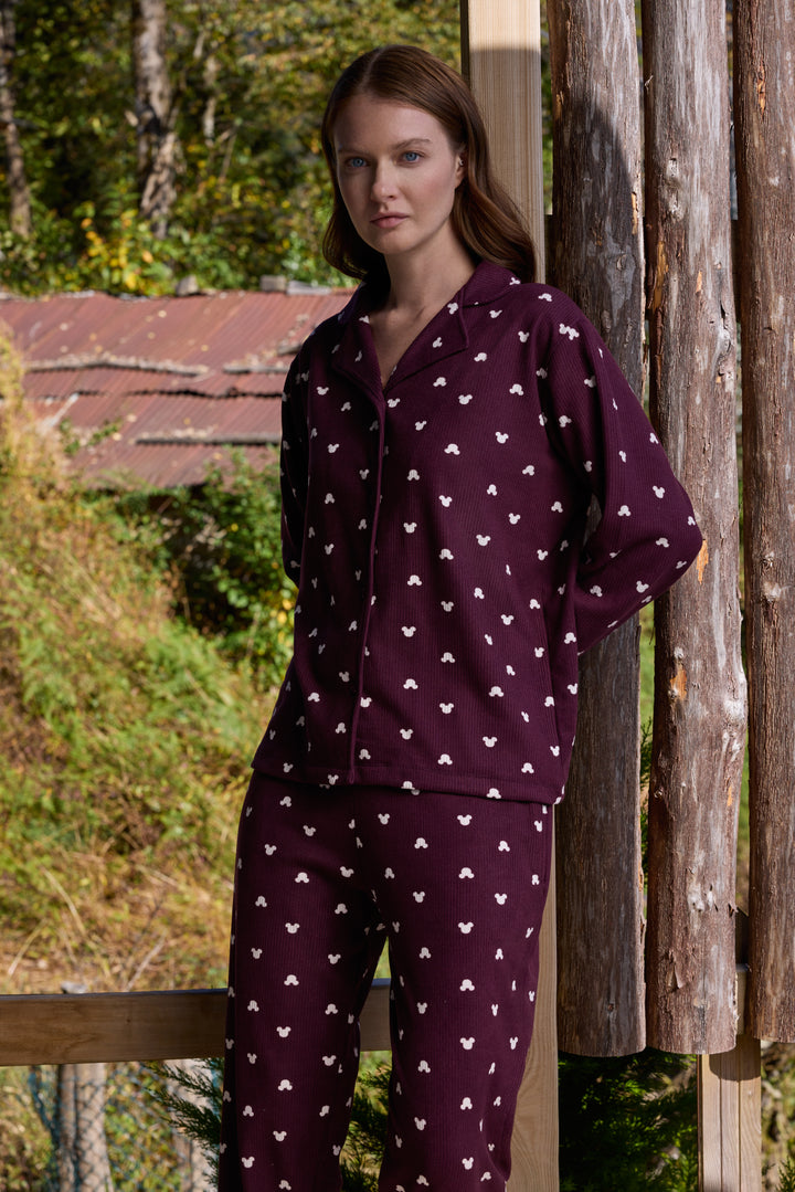 Deep Burgundy Mickey-Print Button-Up Pajama Set | 6032