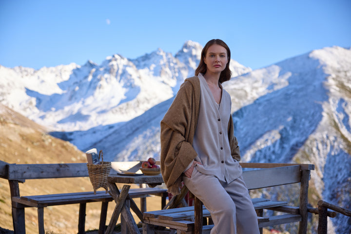 Beige Waffle Knit Button-Down Lounge Set with V-Neck Top | 6034