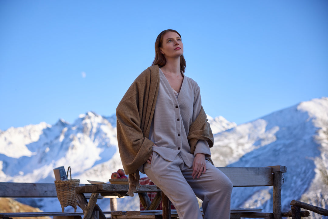 Beige Waffle Knit Button-Down Lounge Set with V-Neck Top | 6034