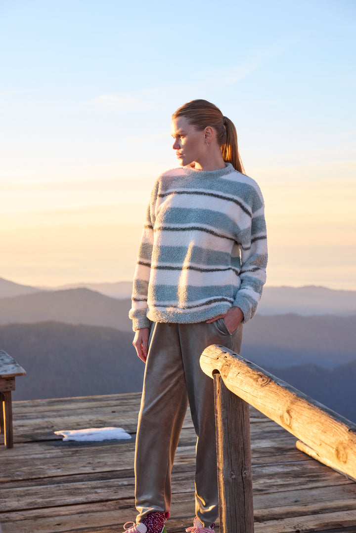 Misty Blue &amp; Cream Striped Fluffy Winter Lounge Set | 6053