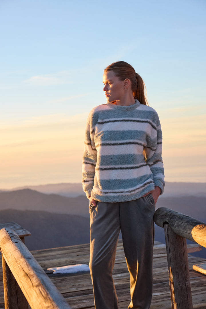 Misty Blue &amp; Cream Striped Fluffy Winter Lounge Set | 6053