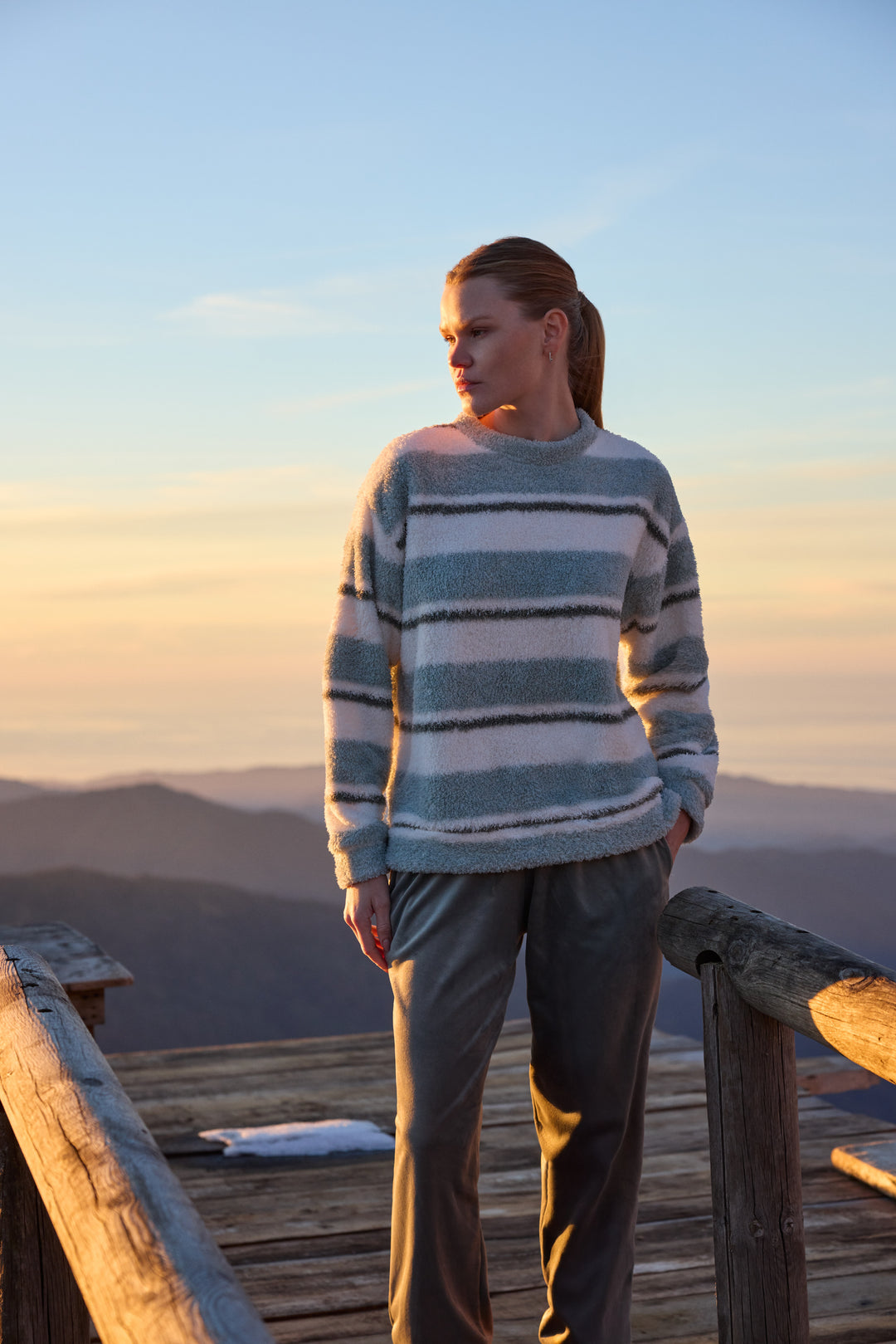 Misty Blue &amp; Cream Striped Fluffy Winter Lounge Set | 6053