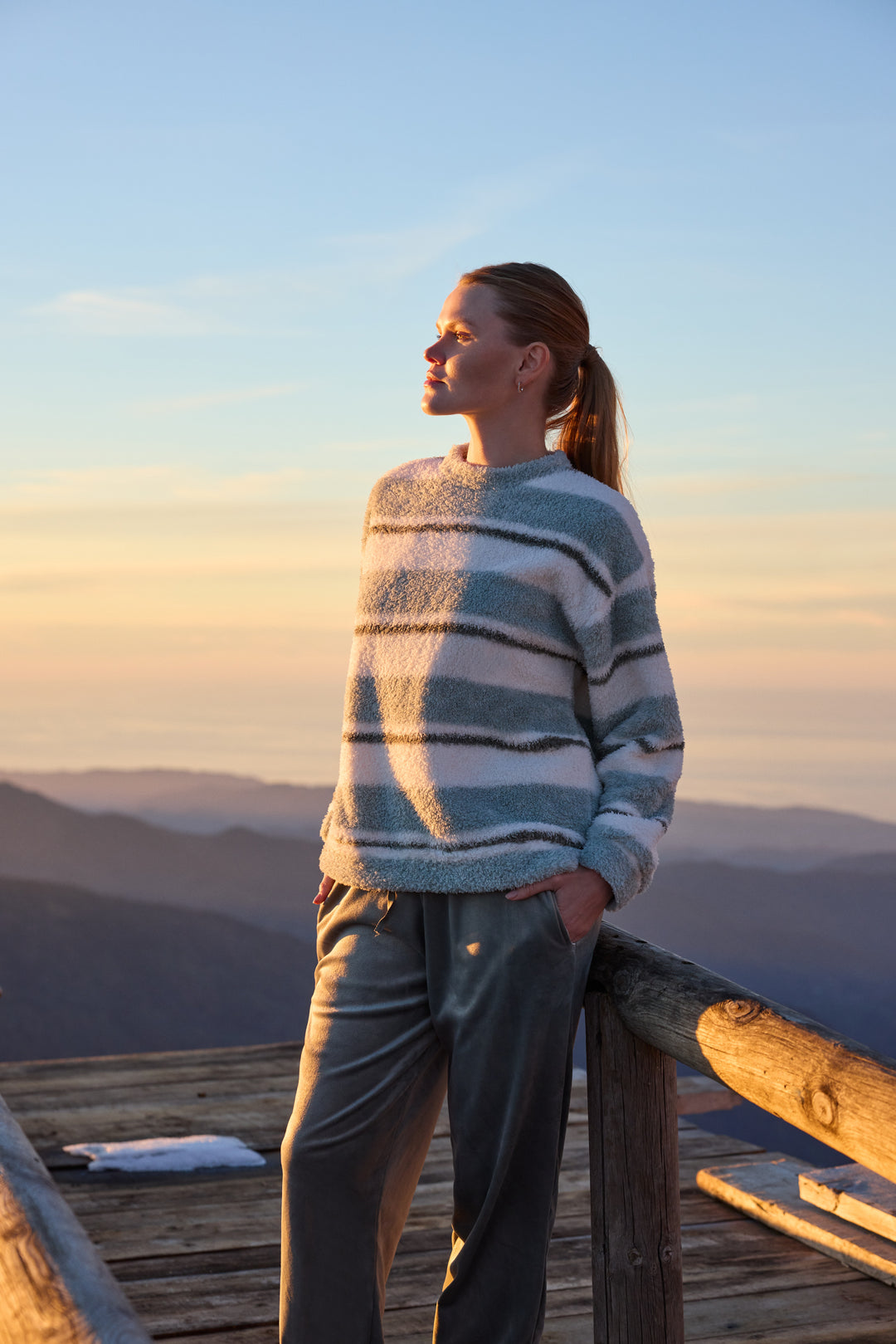 Misty Blue &amp; Cream Striped Fluffy Winter Lounge Set | 6053