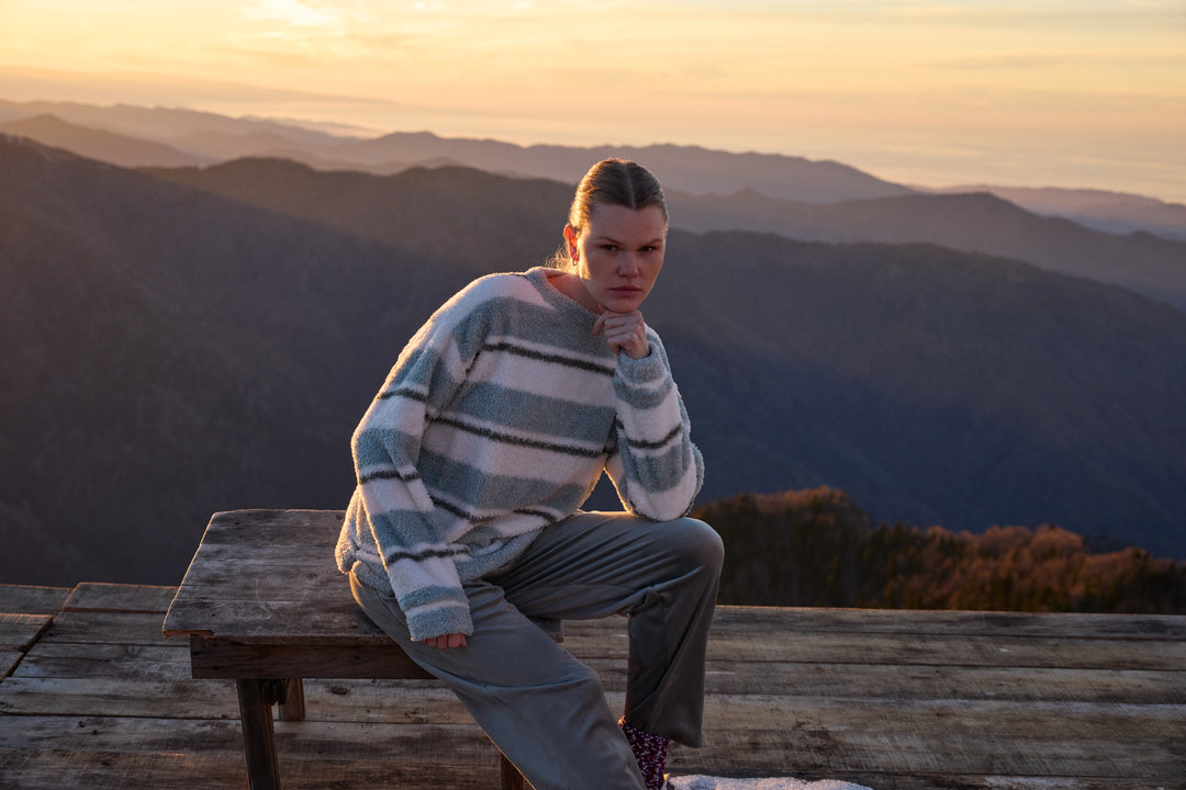 Misty Blue &amp; Cream Striped Fluffy Winter Lounge Set | 6053