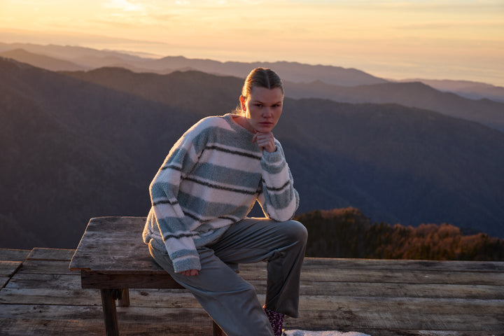 Misty Blue &amp; Cream Striped Fluffy Winter Lounge Set | 6053