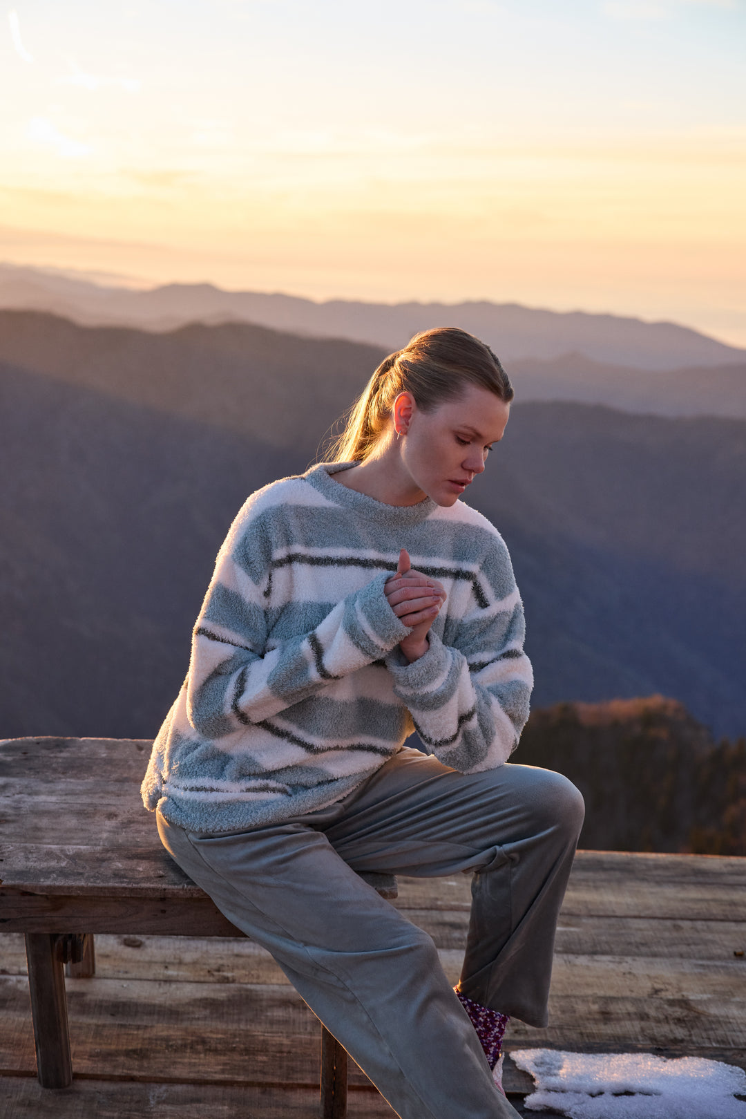 Misty Blue &amp; Cream Striped Fluffy Winter Lounge Set | 6053