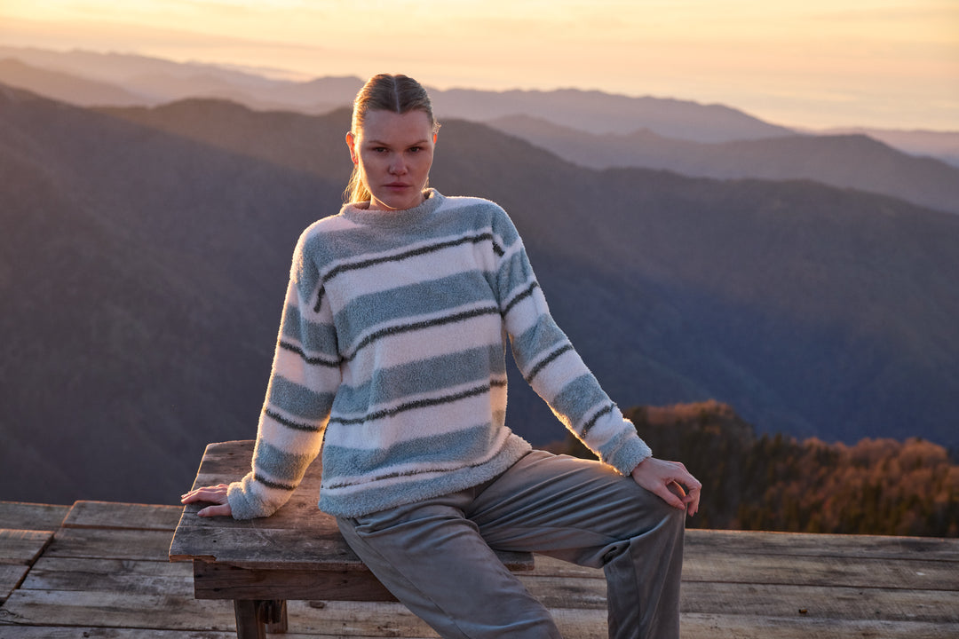 Misty Blue &amp; Cream Striped Fluffy Winter Lounge Set | 6053