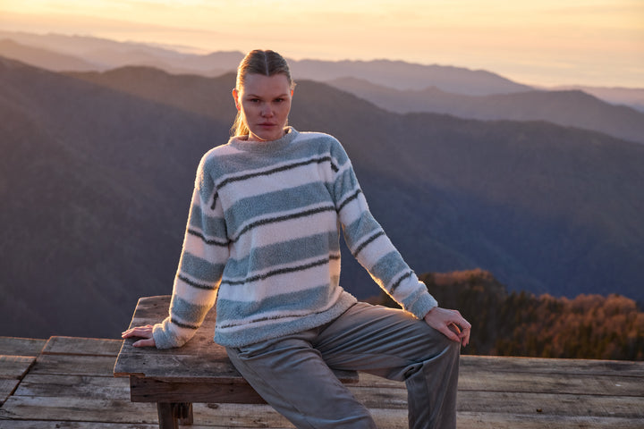 Misty Blue &amp; Cream Striped Fluffy Winter Lounge Set | 6053