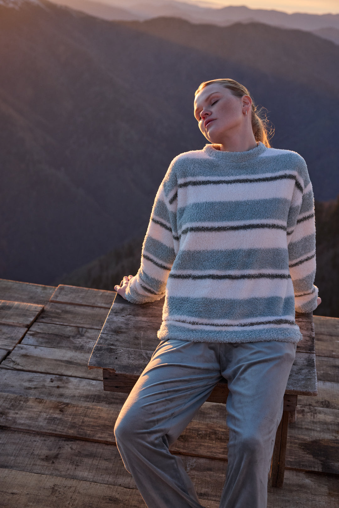 Misty Blue &amp; Cream Striped Fluffy Winter Lounge Set | 6053