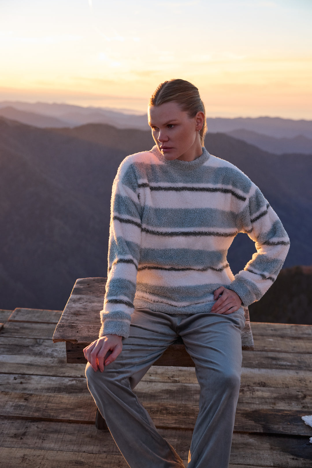 Misty Blue &amp; Cream Striped Fluffy Winter Lounge Set | 6053