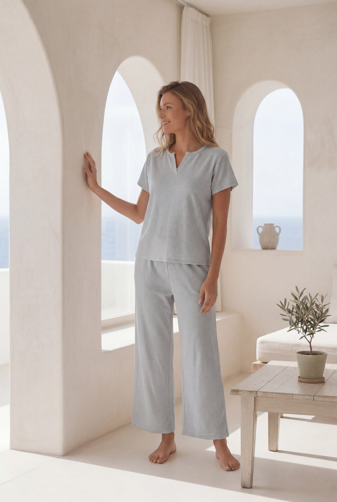 Women’s Grey Striped Lounge Pajama Set l 8009