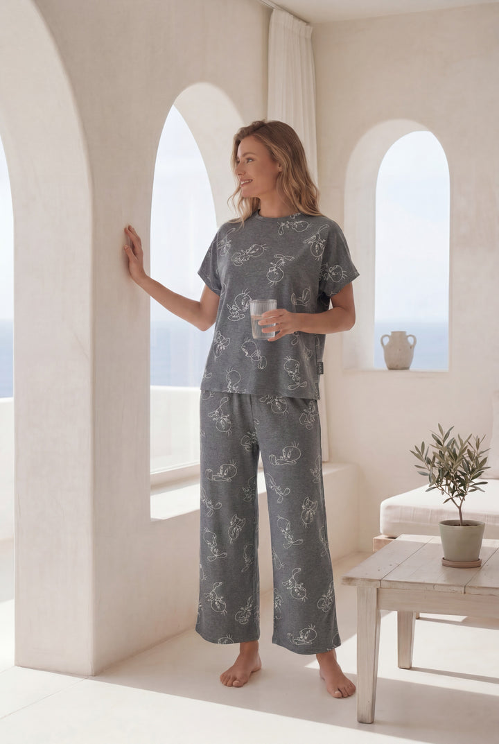 Women’s Grey Printed Pajama Set  l 8008