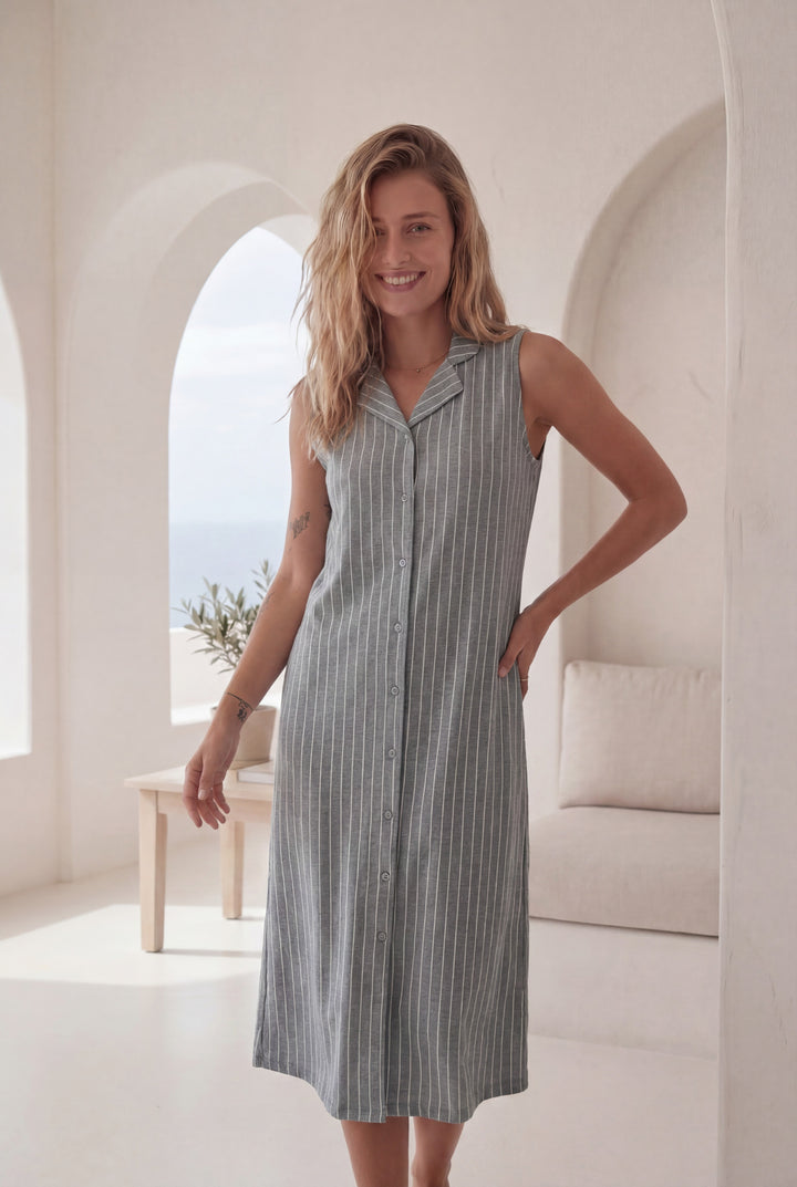 Women’s Grey Striped Sleeveless Sleep Dress l 8020