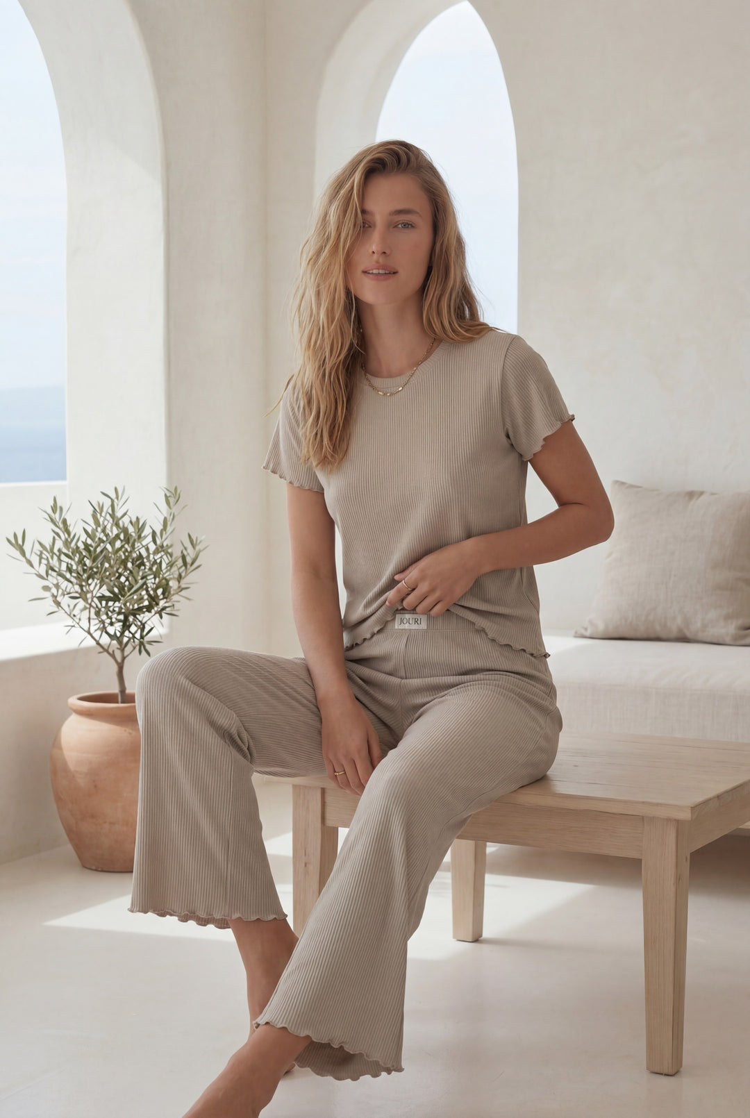 Women’s Cream Ribbed Lounge Pajama Set l 8019