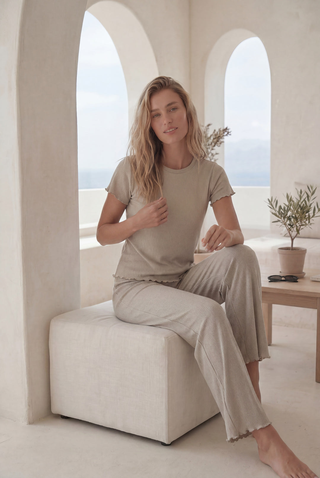 Women’s Cream Ribbed Lounge Pajama Set l 8019
