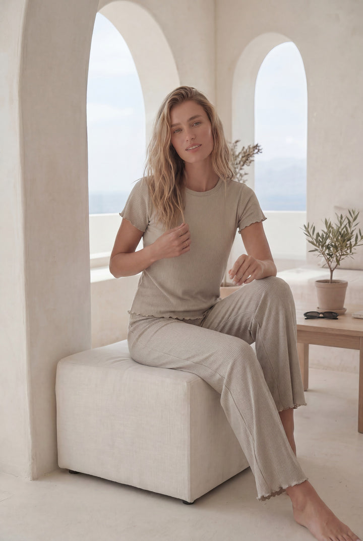 Women’s Cream Ribbed Lounge Pajama Set l 8019