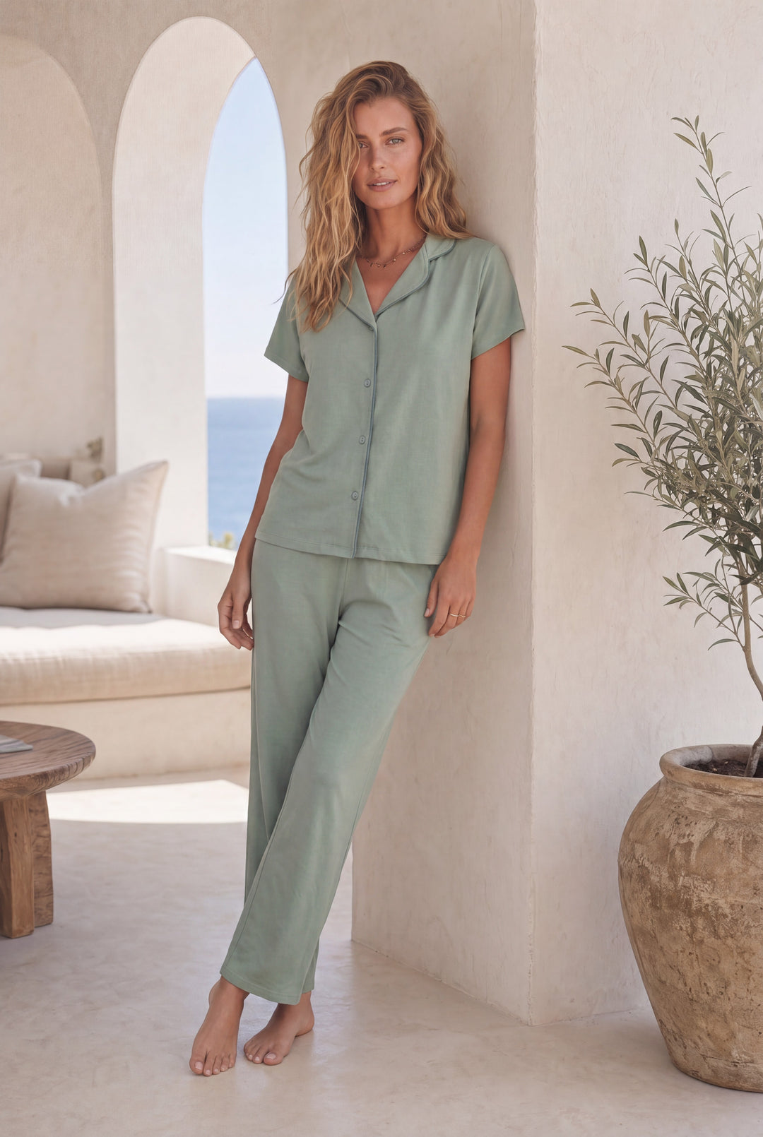 Jouri Women’s Solid Sage Green Pajama Set l 8044