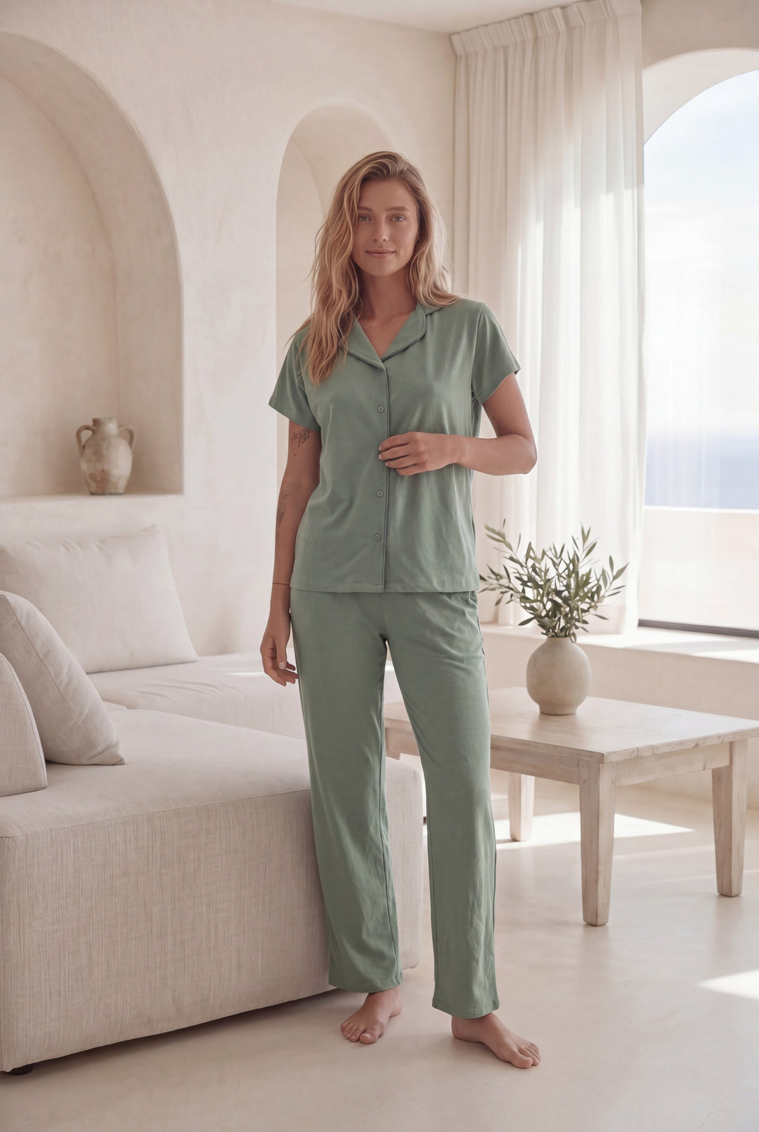 Jouri Women’s Solid Sage Green Pajama Set l 8044