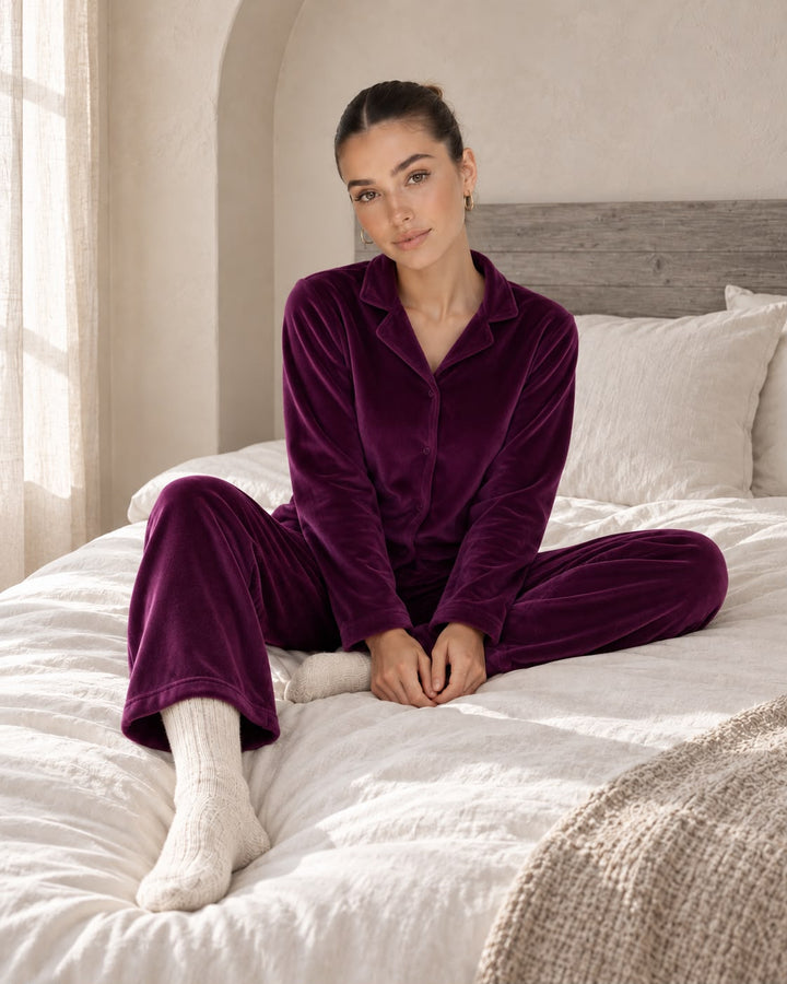 Deep Plum Velvet Pajama Set with Buttons | 6017
