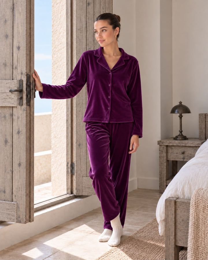 Deep Plum Velvet Pajama Set with Buttons | 6017