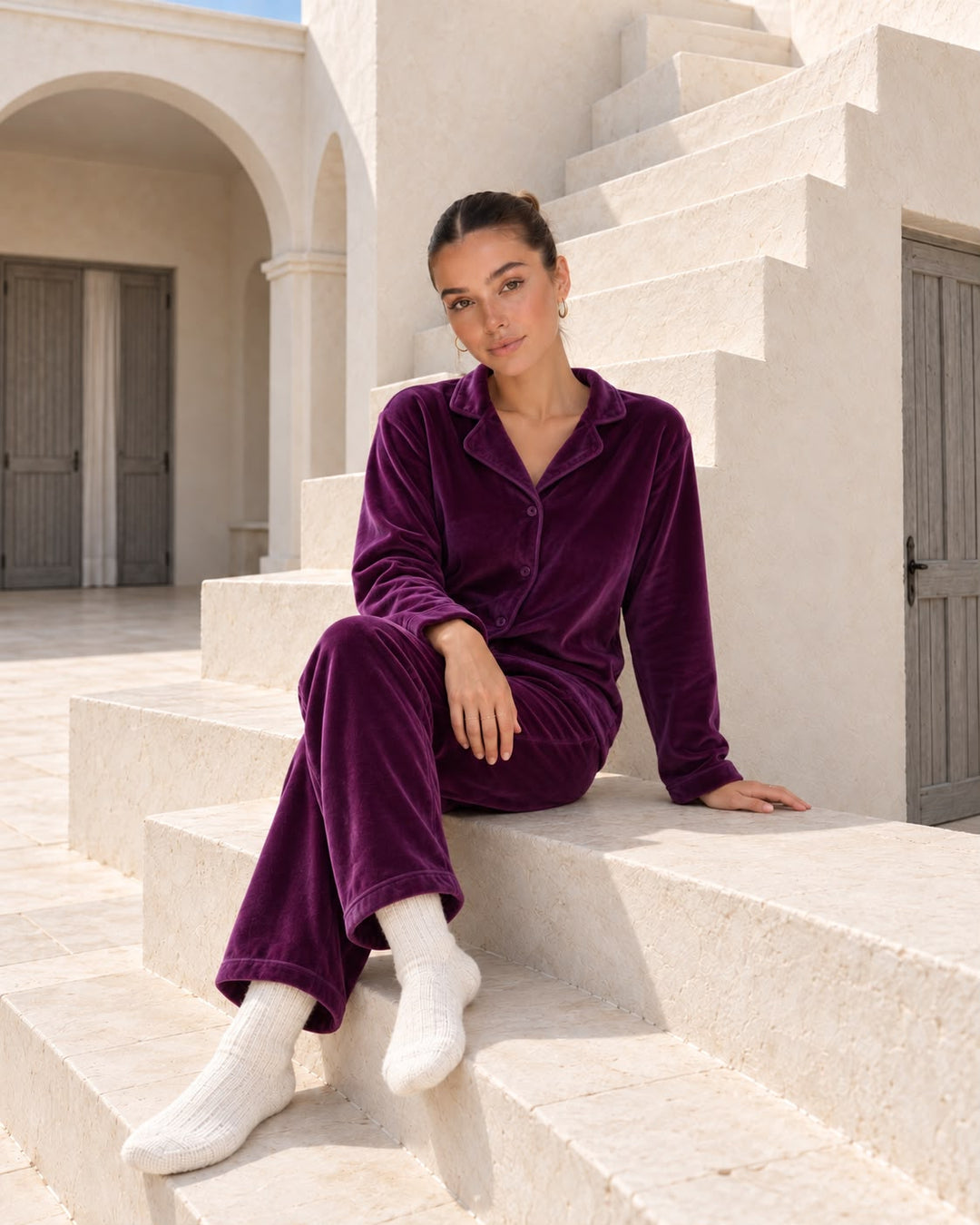 Deep Plum Velvet Pajama Set with Buttons | 6017