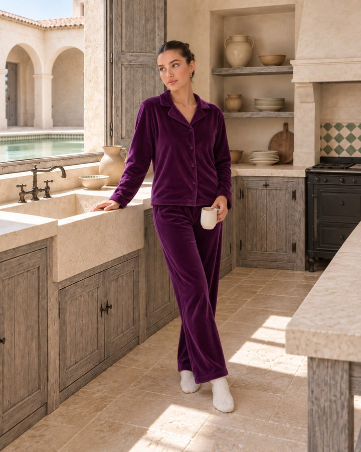 Deep Plum Velvet Pajama Set with Buttons | 6017