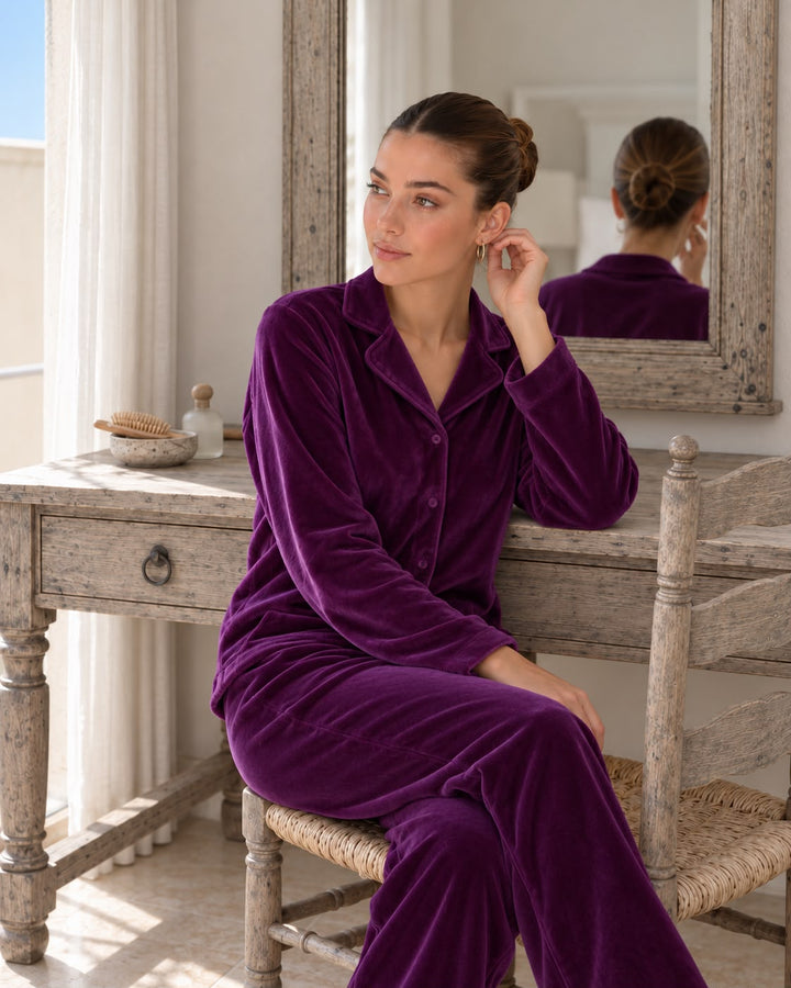 Deep Plum Velvet Pajama Set with Buttons | 6017
