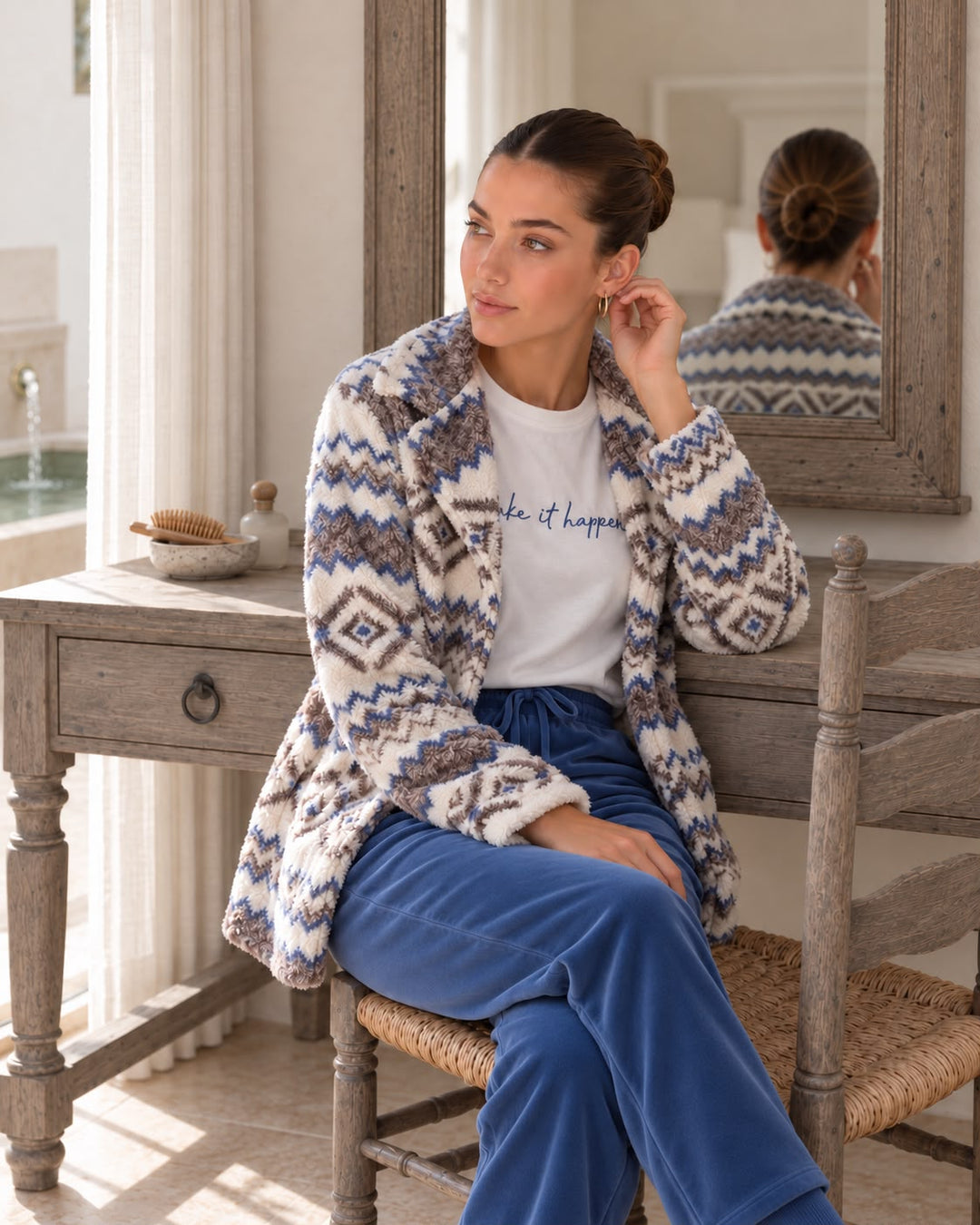 Aztec Fluffy Jacket Winter Set with Embroidered Top & Blue Pants | 6019