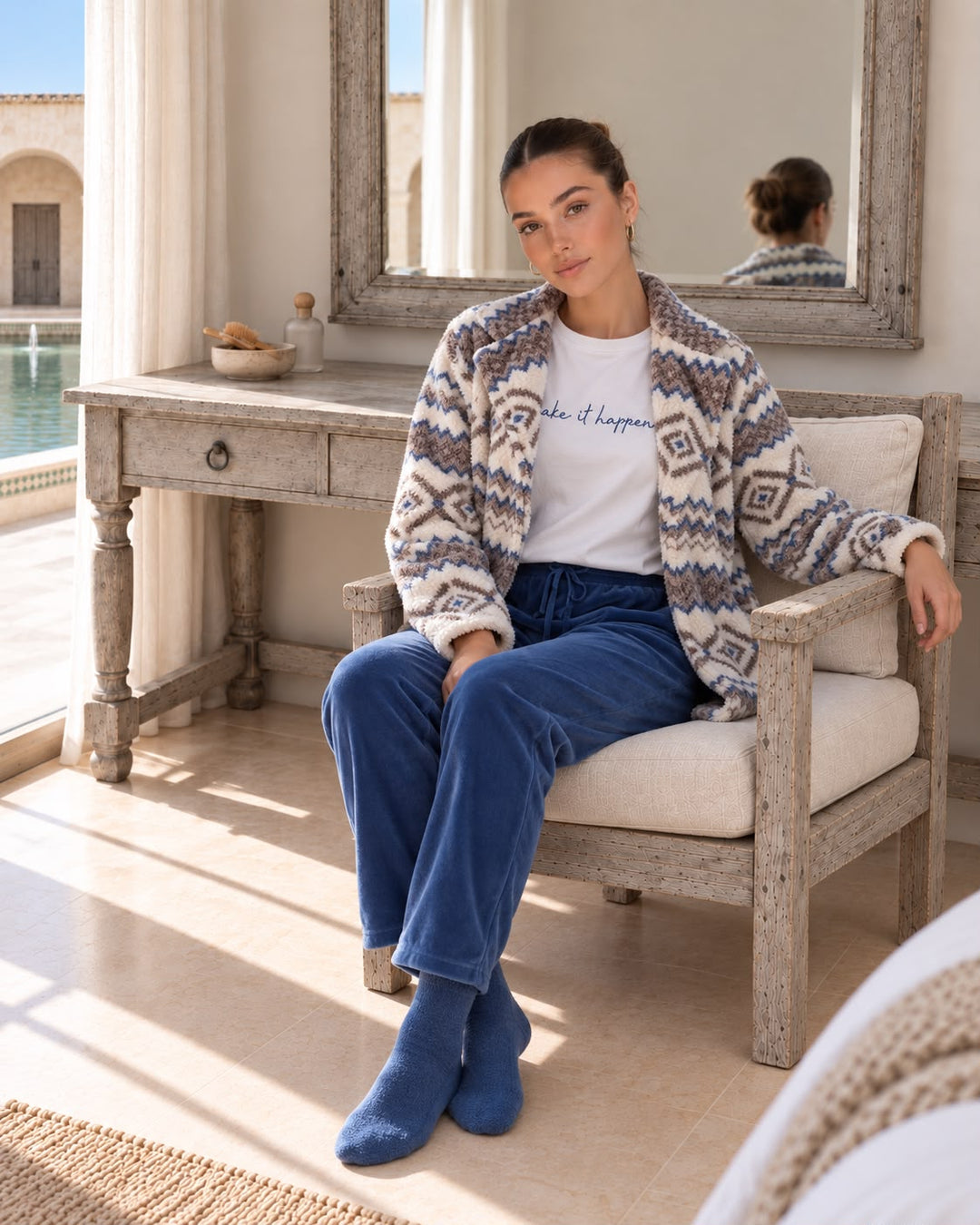 Aztec Fluffy Jacket Winter Set with Embroidered Top & Blue Pants | 6019
