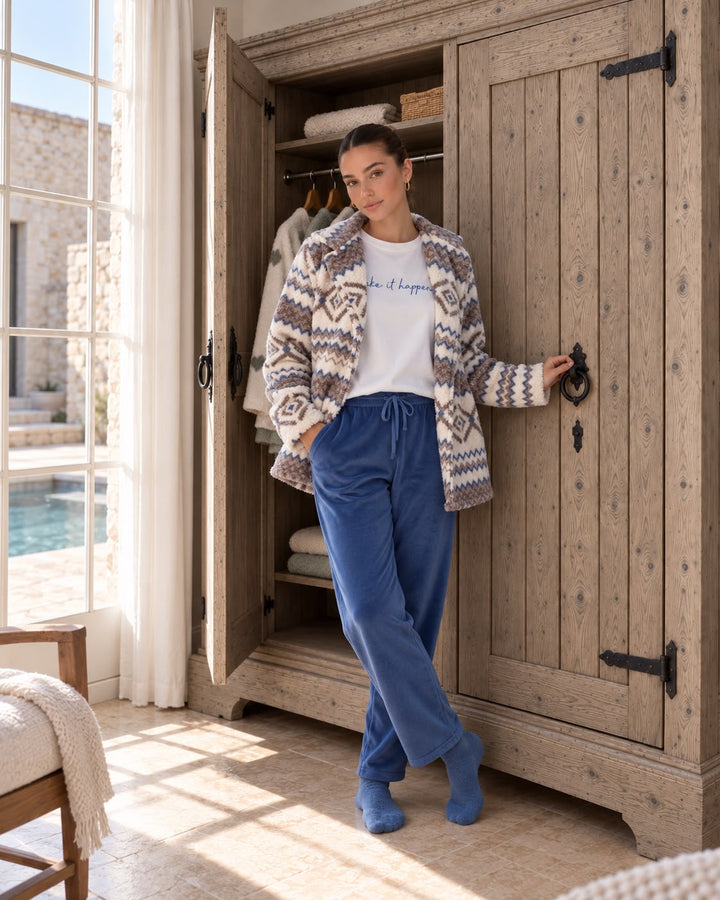 Aztec Fluffy Jacket Winter Set with Embroidered Top & Blue Pants | 6019