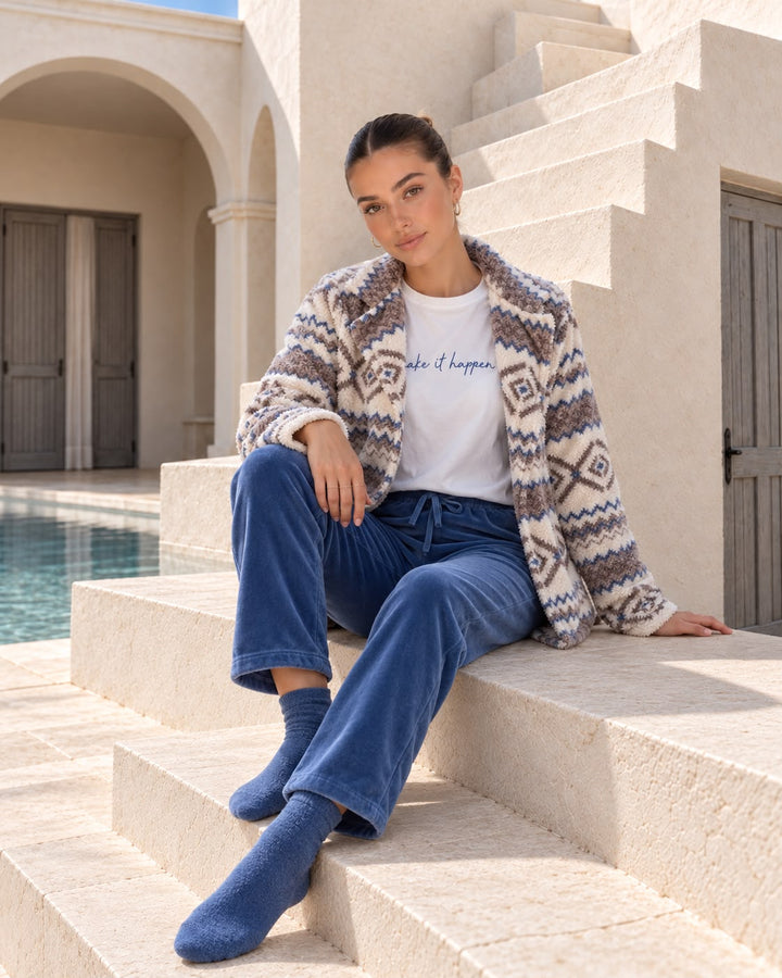 Aztec Fluffy Jacket Winter Set with Embroidered Top & Blue Pants | 6019
