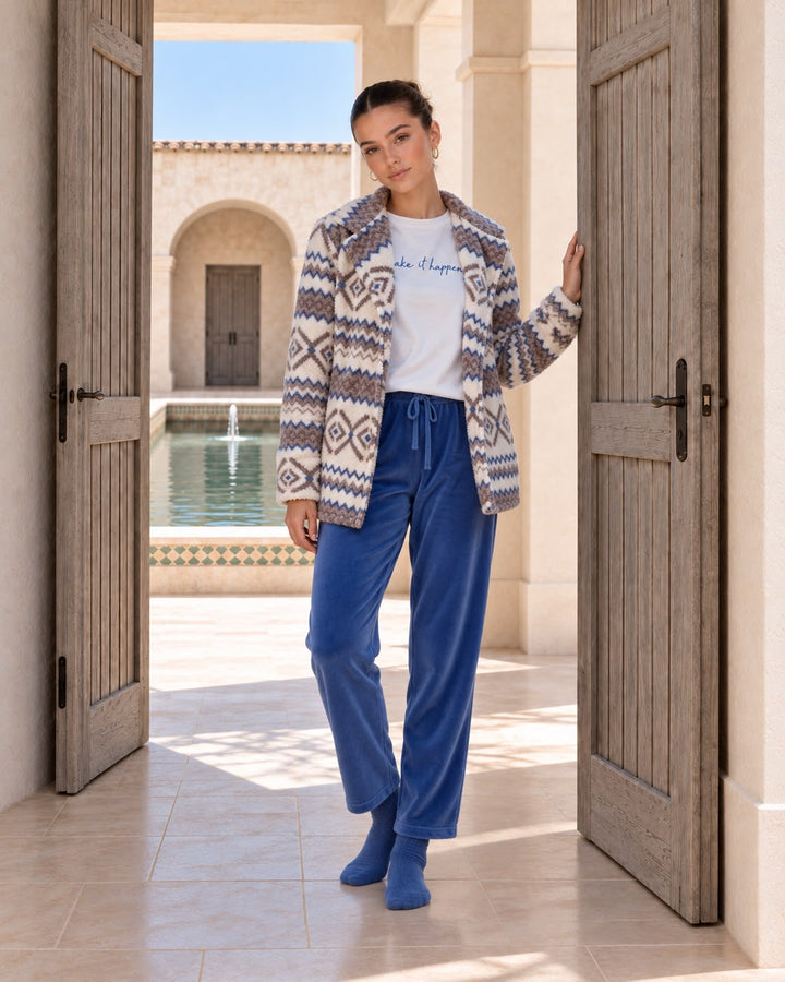 Aztec Fluffy Jacket Winter Set with Embroidered Top & Blue Pants | 6019