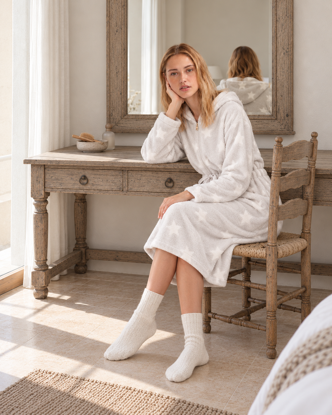 Cozy pastel fleece pajama set featuring a soft hoodie top and elastic-waist shorts. Perfect for warm, stylish lounging at home/6118